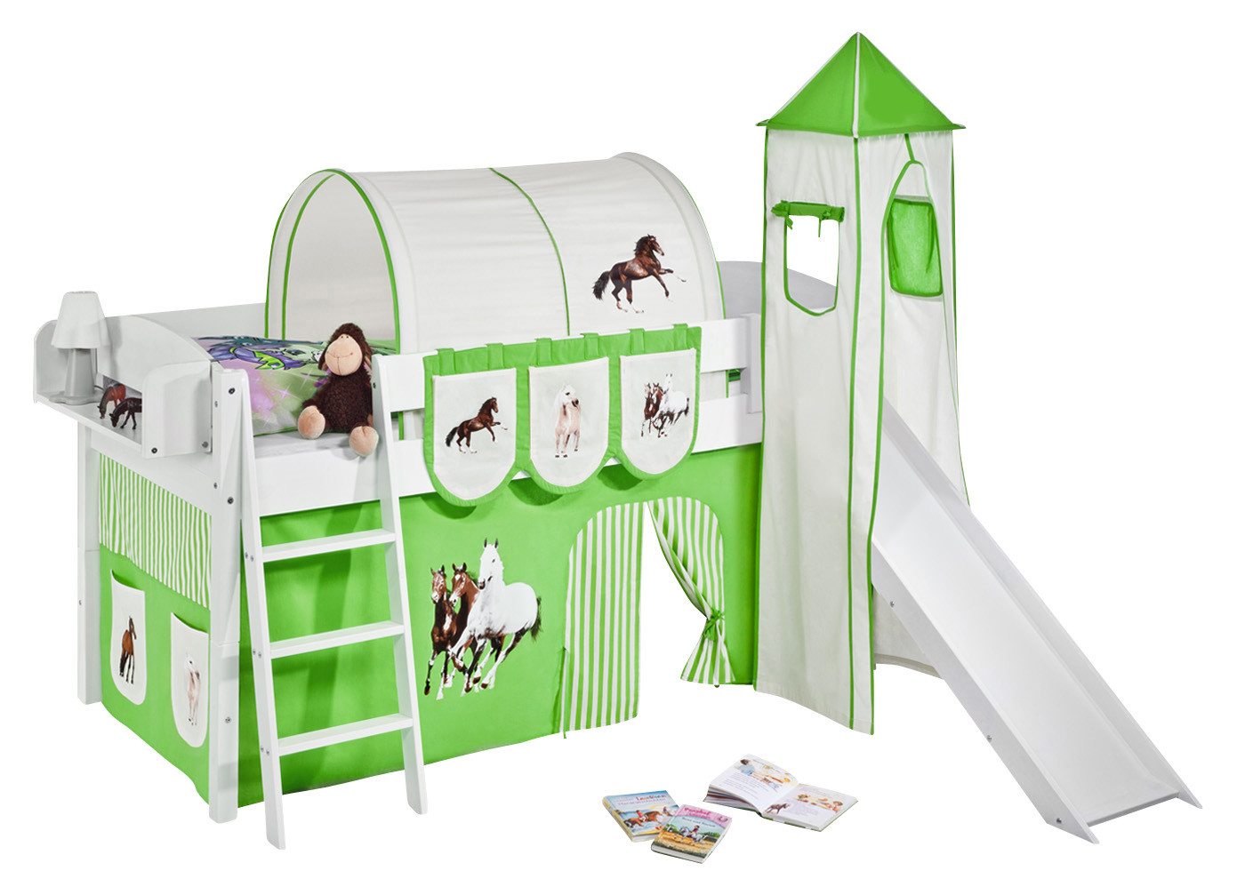 Spielbett mit Rutsche-IDA Classic-90x200-Pferde Grün