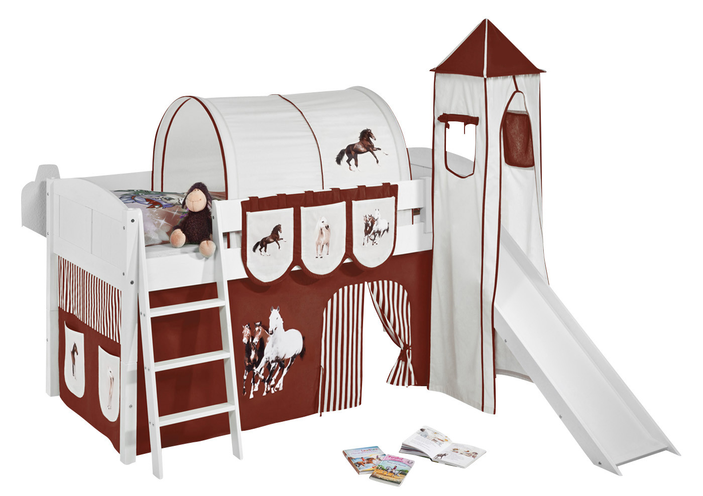 Spielbett mit Rutsche-IDA Landhaus-90x200-Pferde Braun