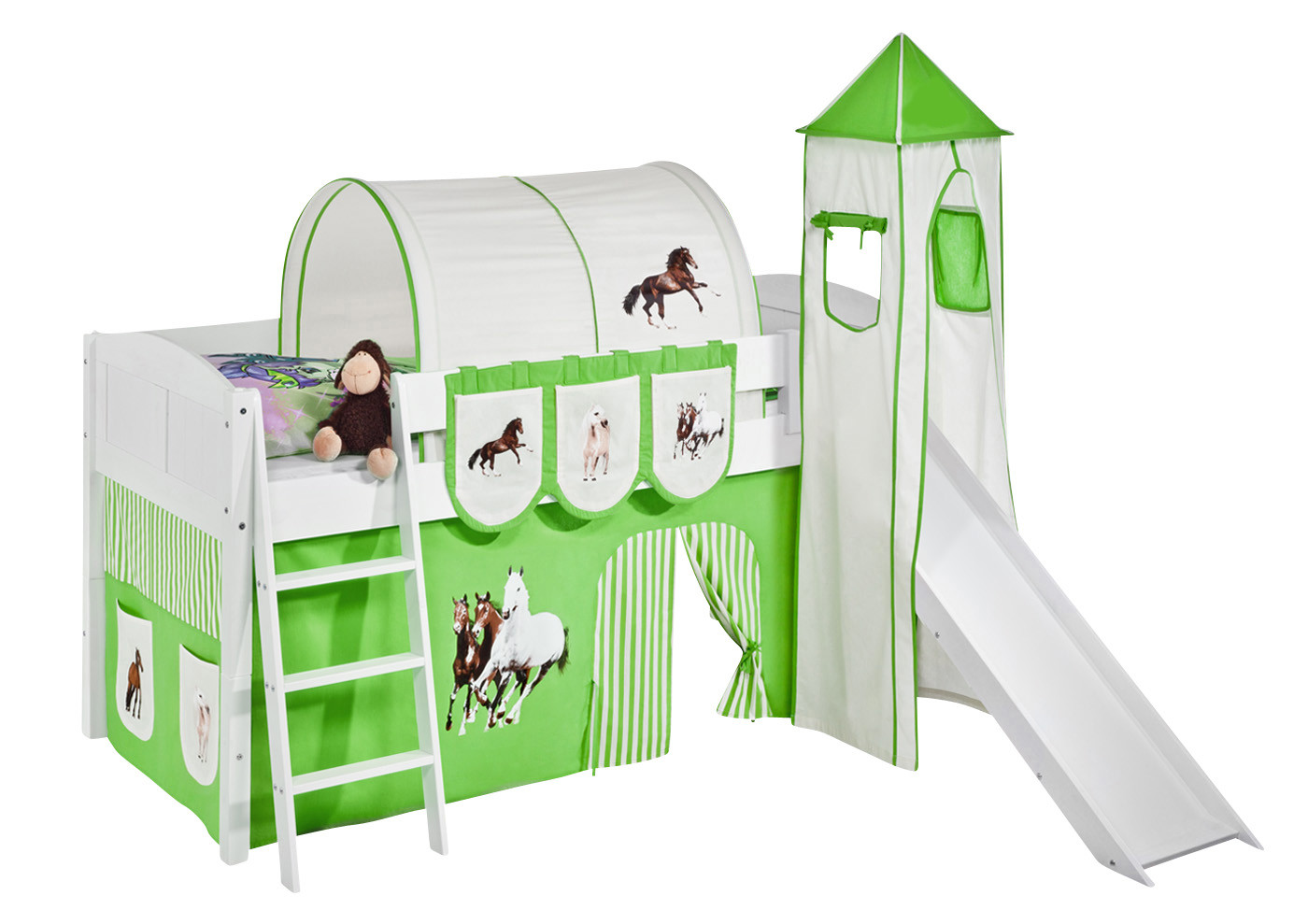 Spielbett mit Rutsche-IDA Landhaus-90x200-Pferde Grün