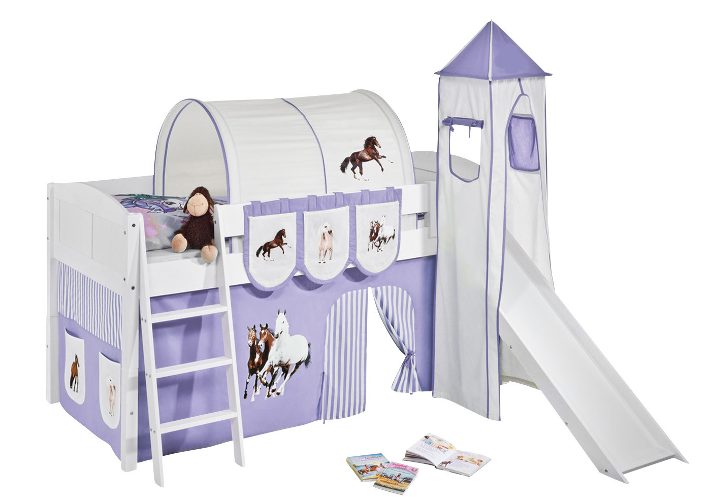 Spielbett mit Rutsche-IDA Landhaus-90x200-Pferde Lila