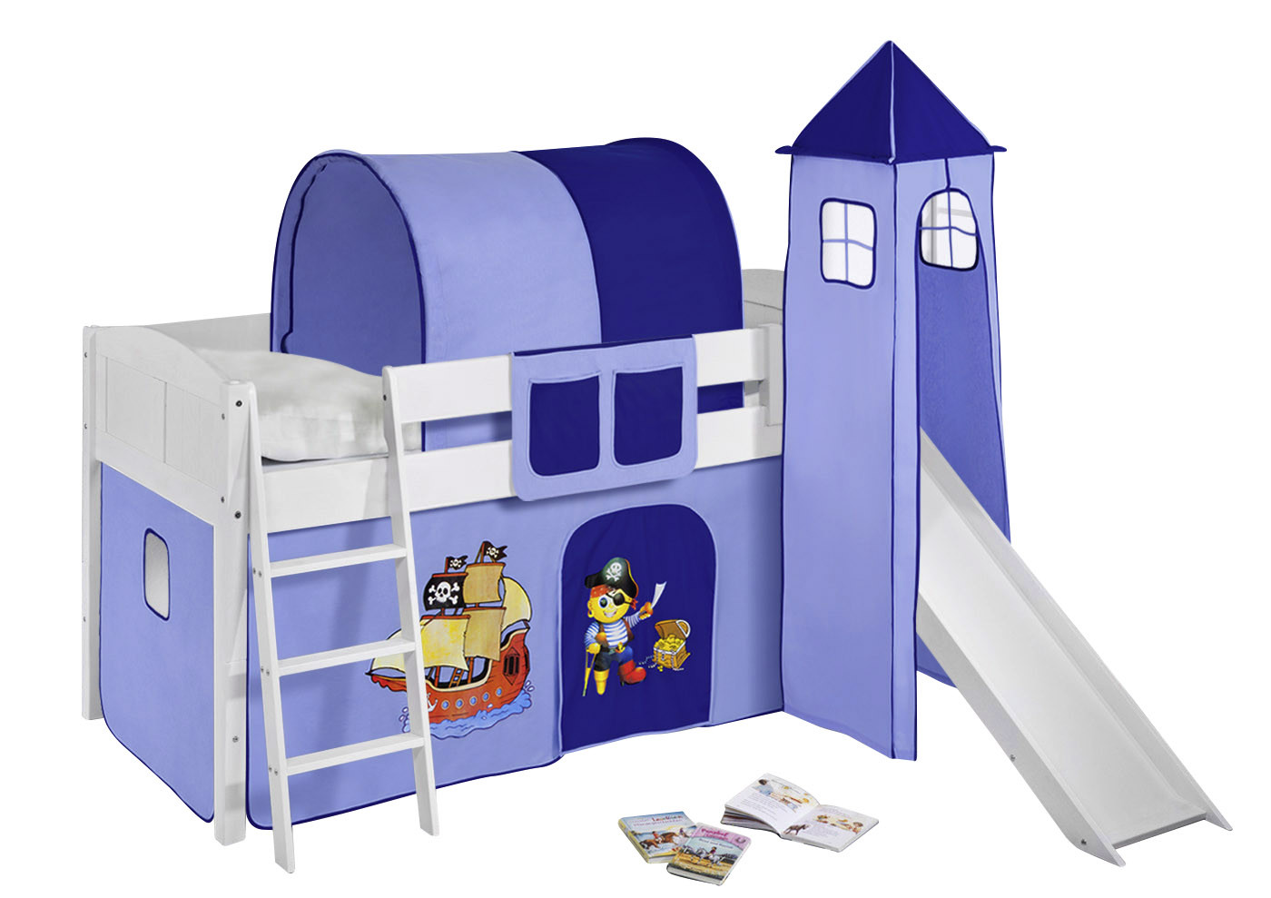 Spielbett mit Rutsche-IDA Landhaus-90x200-Pirat-Blau