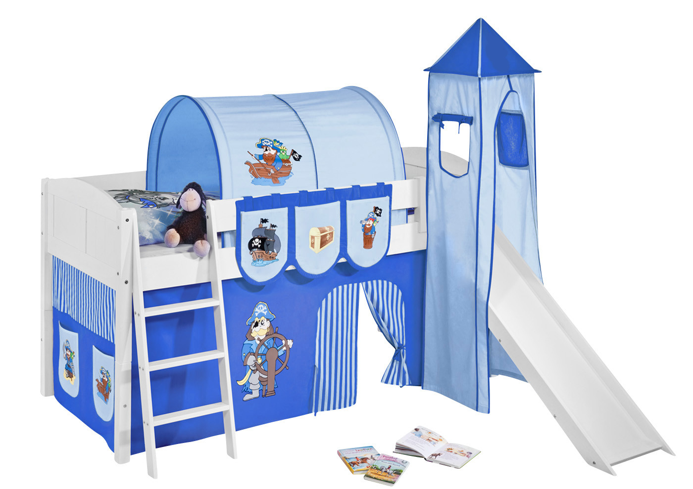 Spielbett mit Rutsche-IDA Landhaus-90x200-Pirat-Blau Streifen