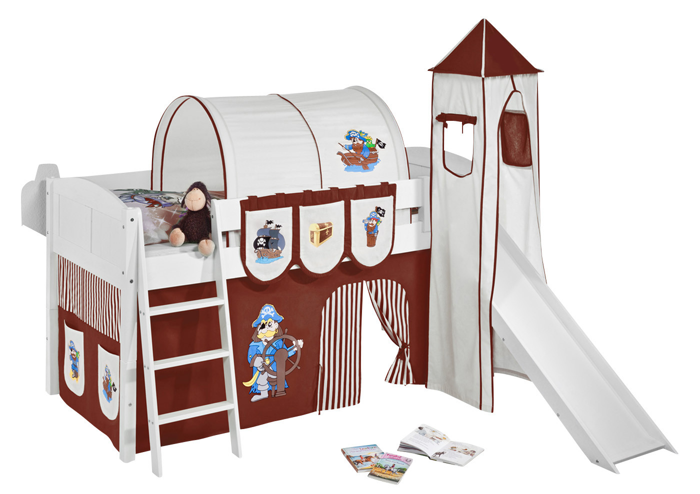 Spielbett mit Rutsche-IDA Landhaus-90x200-Pirat-Braun Streifen