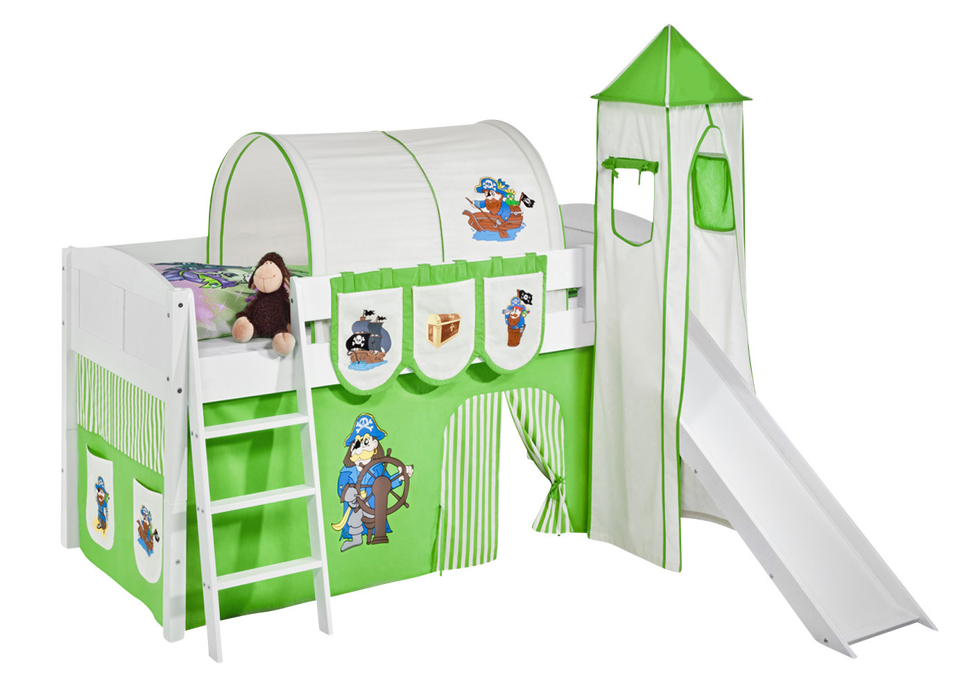 Spielbett mit Rutsche-IDA Landhaus-90x200-Pirat-Grün Streifen