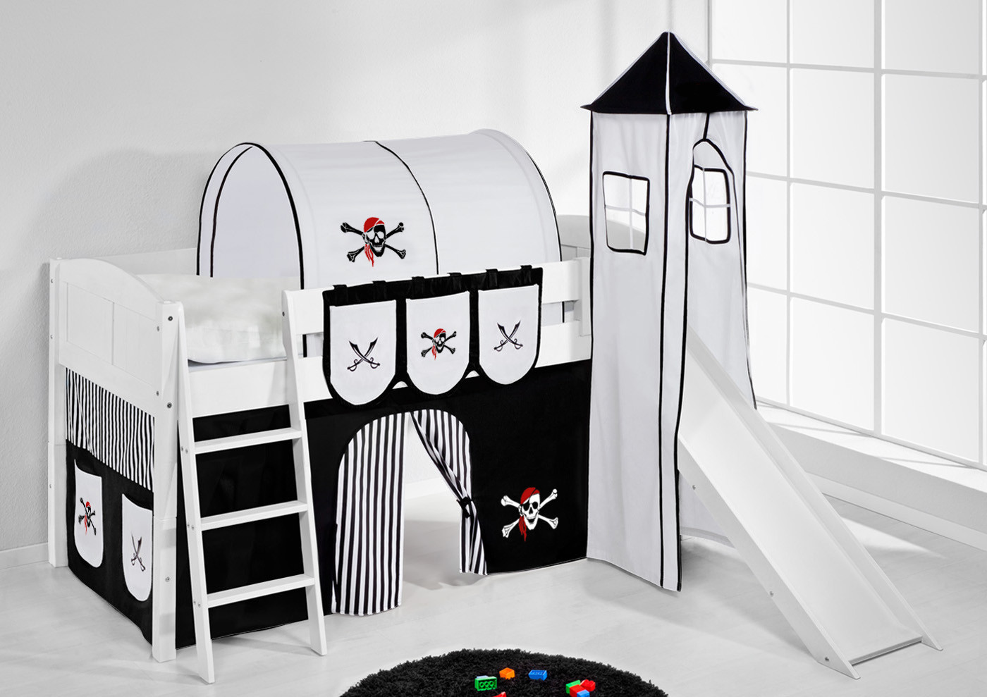 Spielbett mit Rutsche-IDA Landhaus-90x200-Pirat-Schwarz Streifen