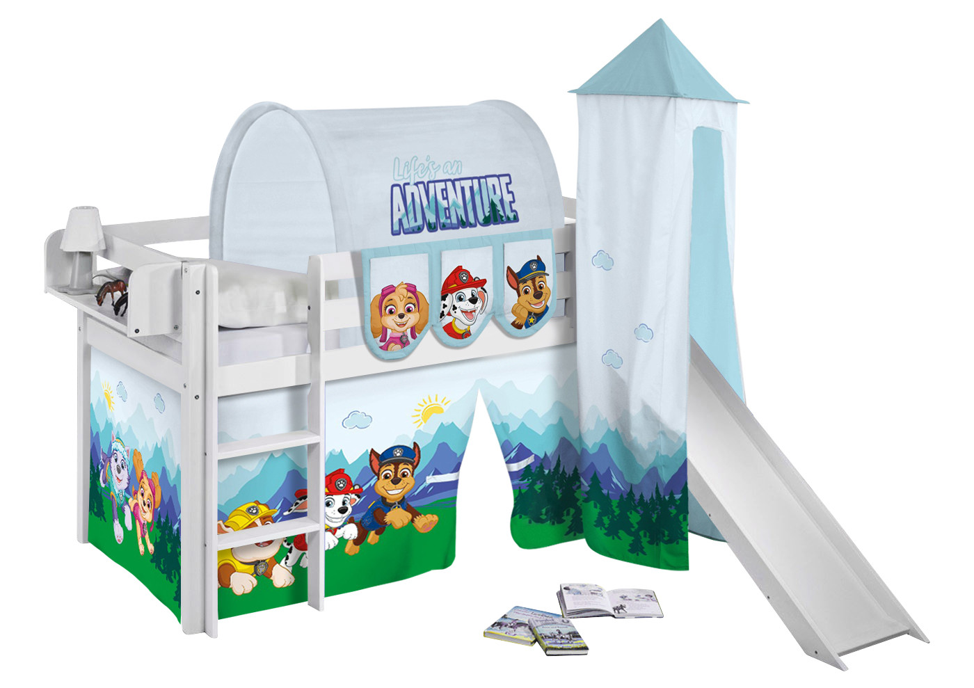 Spielbett mit Rutsche-JELLE weiß-90x190-Paw Patrol Blau