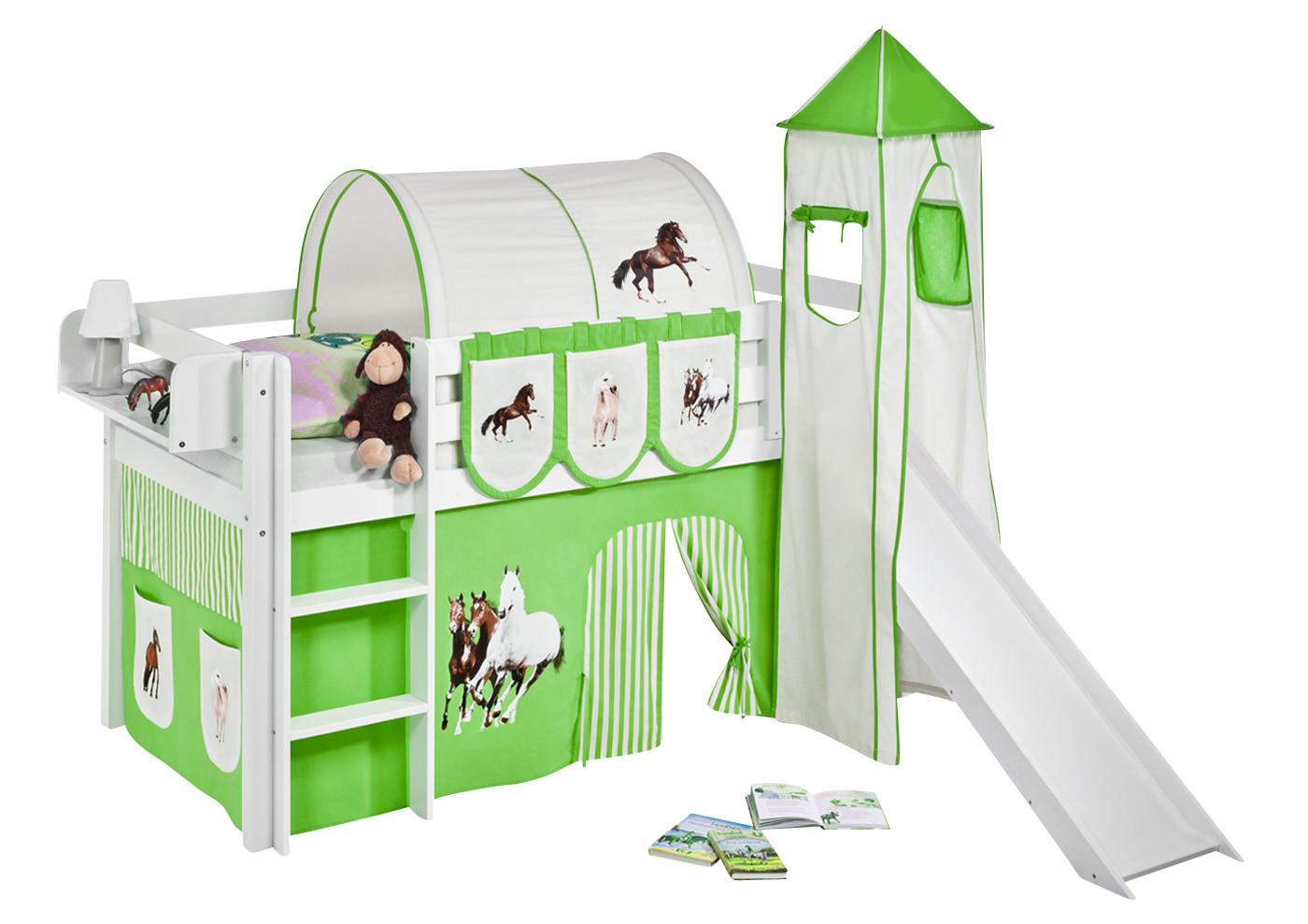 Spielbett mit Rutsche-Jelle Weiß-90x200-Pferde Grün