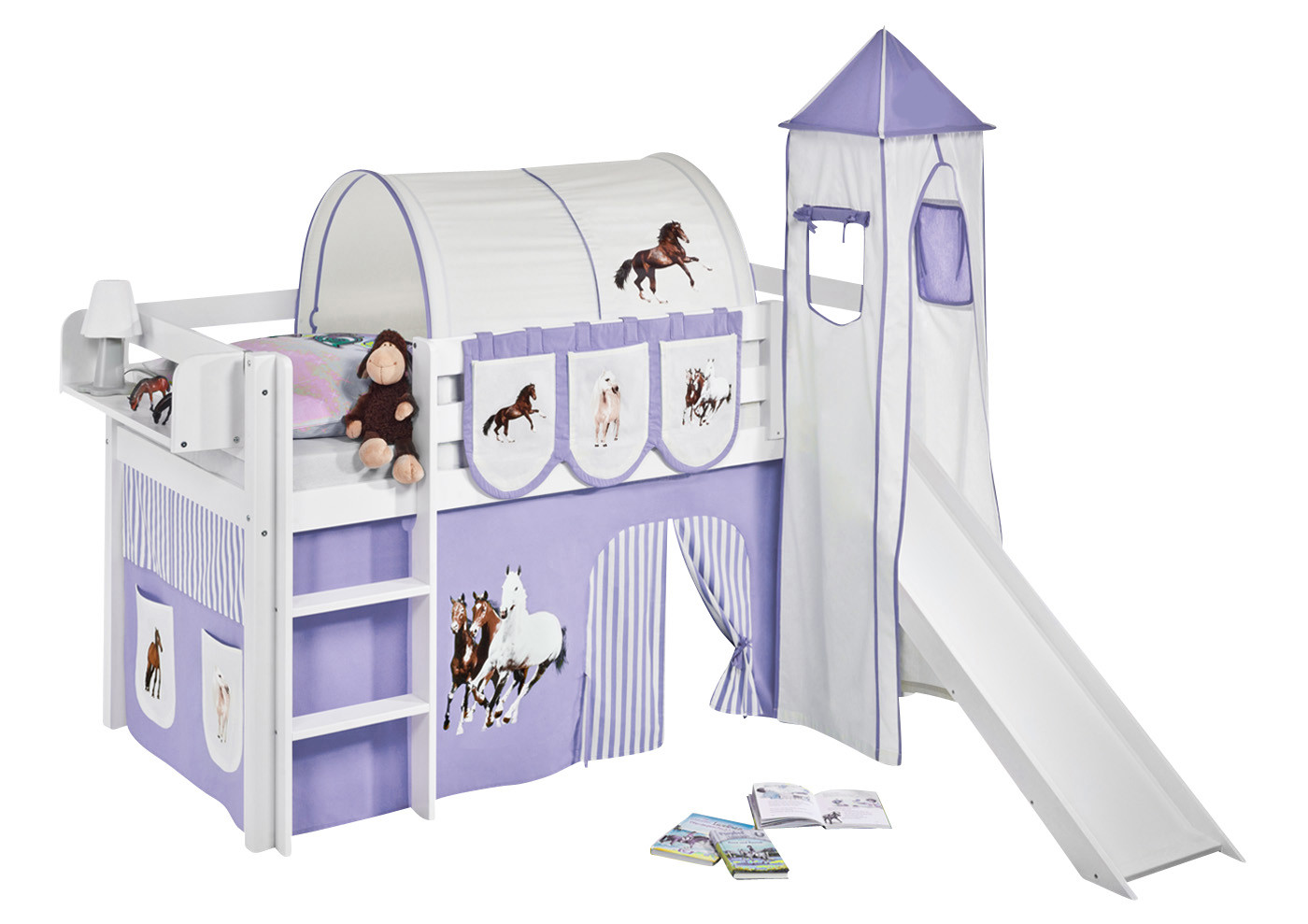 Spielbett mit Rutsche-Jelle Weiß-90x200-Pferde Lila