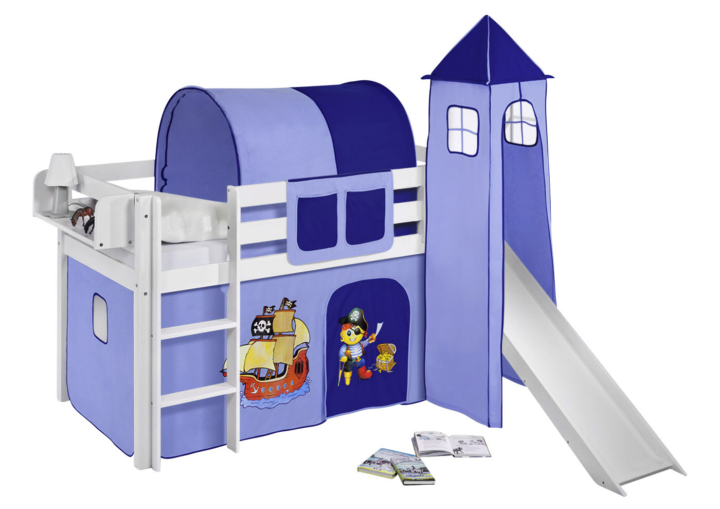 Spielbett mit Rutsche-Jelle Weiß-90x190-Pirat-Blau