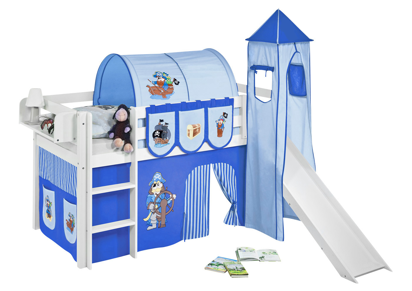 Spielbett mit Rutsche-Jelle Weiß-90x190-Pirat-Blau Streifen