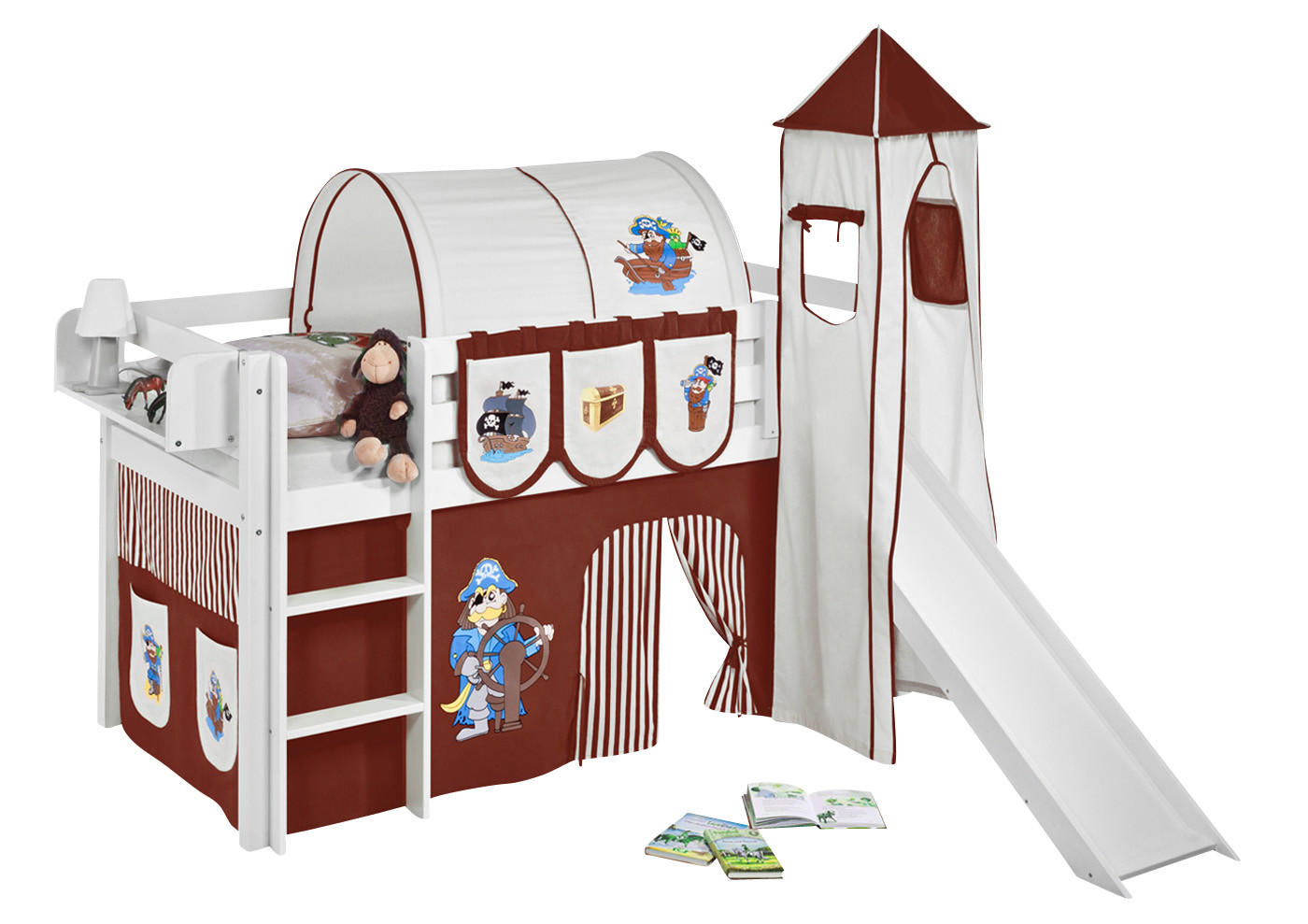 Spielbett mit Rutsche-Jelle Weiß-90x190-Pirat-Braun Streifen