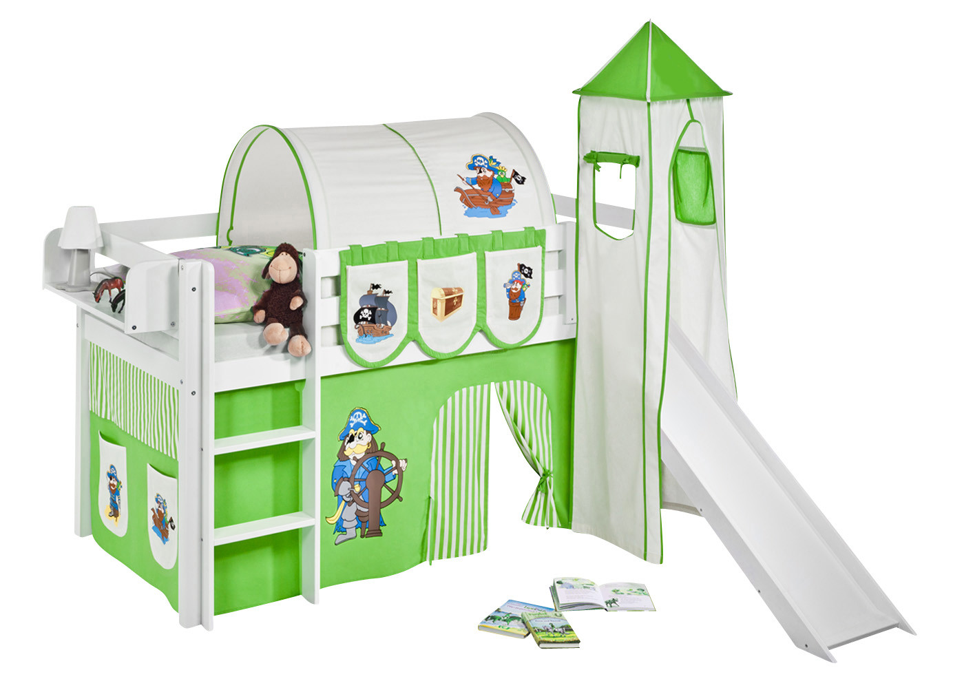 Spielbett mit Rutsche-Jelle Weiß-90x200-Pirat-Grün Streifen