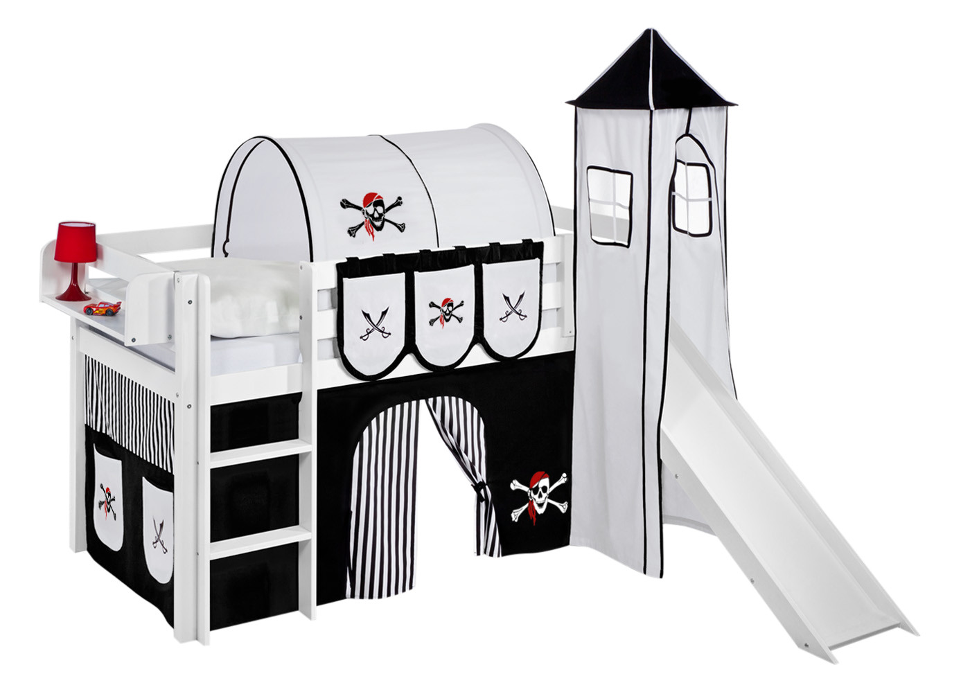 Spielbett mit Rutsche-Jelle Weiß-90x190-Pirat-Schwarz Streifen