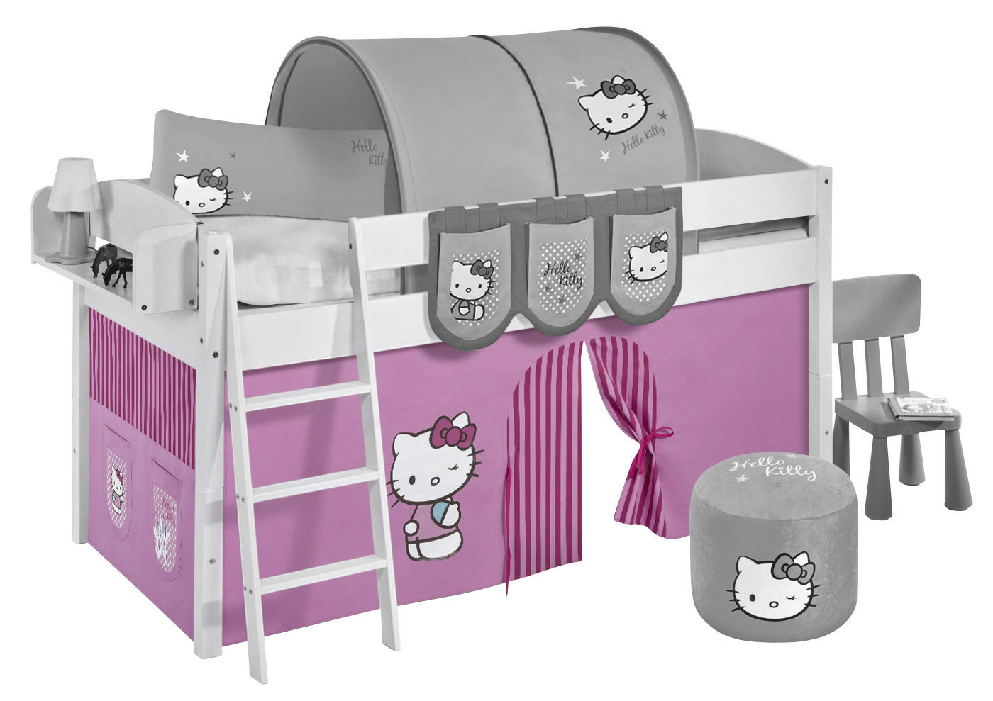 TÜV geprüftes Kinderhochbett mit Hello Kitty Vorhang & Lattenrost