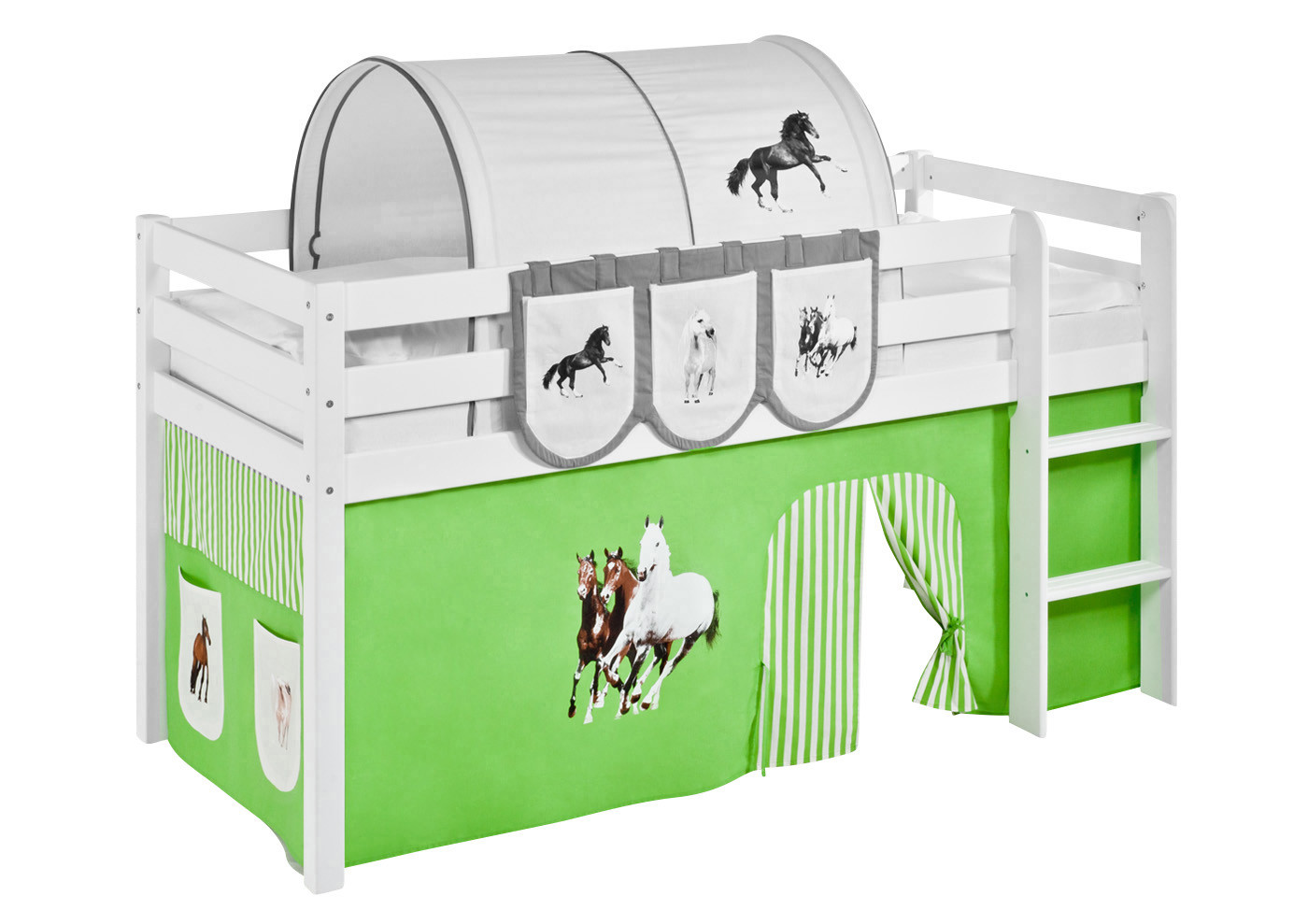 Vorhang Pferde Grün Beige mit Streifen - für Hochbett, Spielbett und Etagenbett